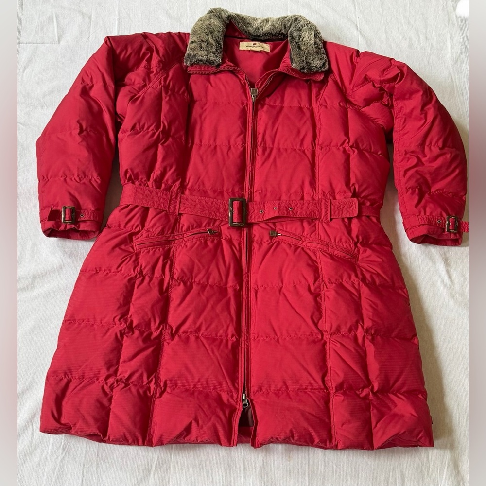 Woolrich Quilted Jacket Long Duck Down Insulated Fur Collar Belted 2XL ruby red - Picture 3 of 14